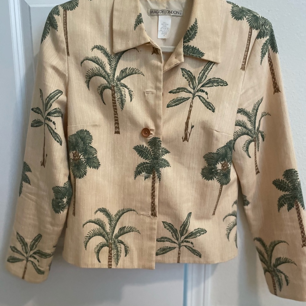 Maggy London Tan and Green Palm Print Blazer